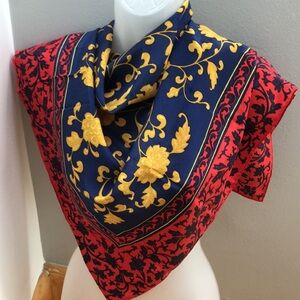 Lillian Venon Silk scarf in a classic floral design in navy blue, red and gold